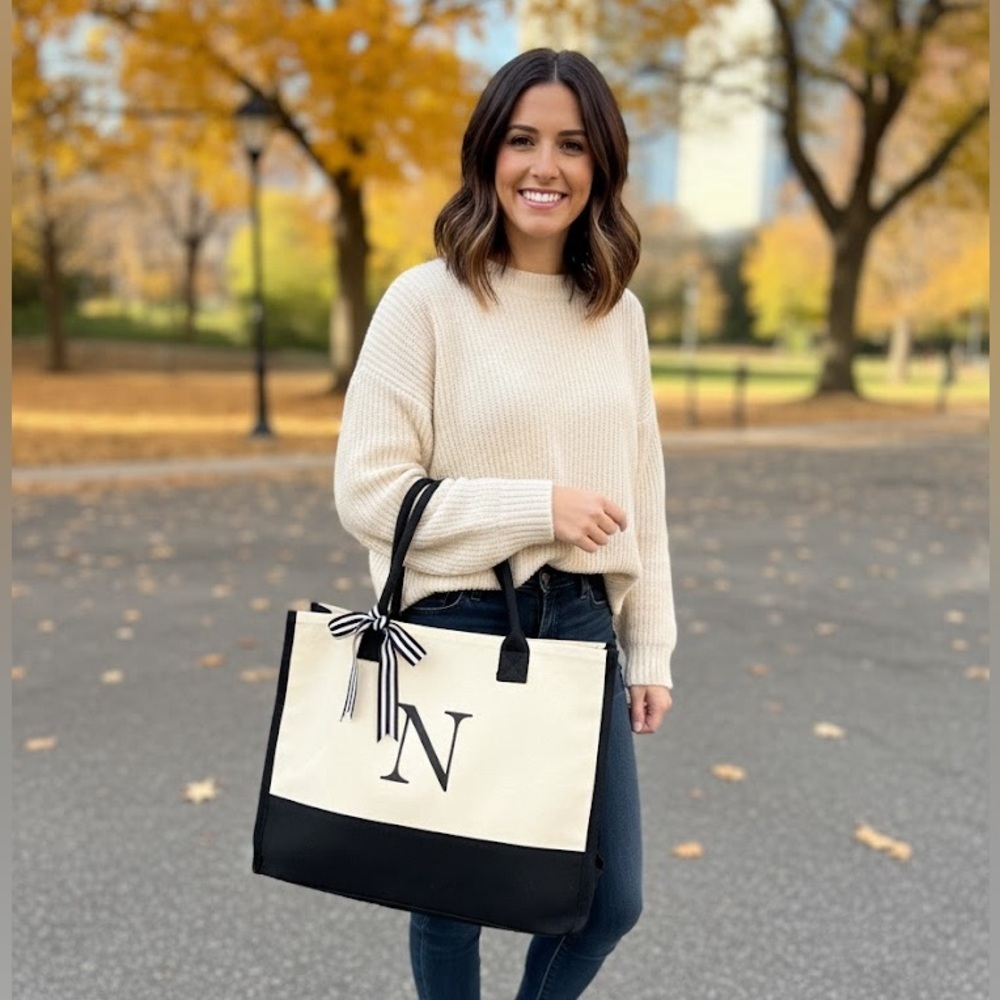 Letter “N” initial Black and White Tote Bag